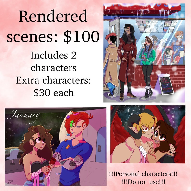 May include: A digital illustration of a rendered scene featuring two characters. The scene is set on a snowy city street with a red brick building in the background. The characters are standing in front of a shop with a sign that reads "Open House". The illustration is available for purchase at &pound;80, with additional characters costing &pound;25 each. The text "!!!Personal characters!!! !!!Do not use!!!" is also included in the image.
