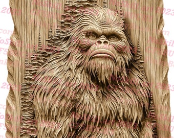 May include: A wooden carving of a Bigfoot sitting in a woodland setting. The carving is detailed and realistic, with the Bigfoot's fur, eyes, and teeth clearly visible. The woodland setting is also detailed, with trees, leaves, and rocks visible.