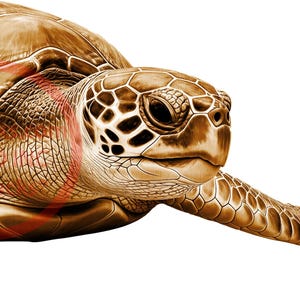 May include: A detailed illustration of a sea turtle in shades of brown and tan, with red accents. The turtle is shown with its flippers extended, and the text "CONTOUR CUT PNG laser engraving only" is in the upper left corner.