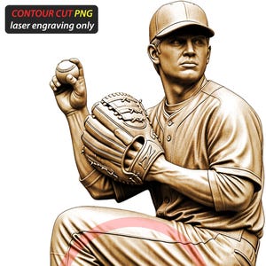 May include: A sepia-toned illustration of a baseball pitcher in action, poised to throw. The image includes a baseball cap, glove, and uniform. Text at the top reads "CONTOUR CUT PNG laser engraving only."