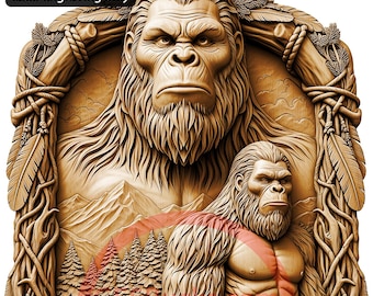 May include: A detailed wooden carving featuring three ape-like figures, with one roaring. The artwork is framed with foliage and a skull at the bottom. The text "CONTOUR CUT PNG laser engraving only" is at the top.