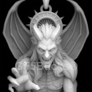Peut inclure: Sculpture en niveaux de gris d'une figure démoniaque avec des cornes, des ailes et des griffes acérées. La figure a une expression menaçante, avec un large sourire et une main tendue. Le texte "GF5BUCKS®" est visible.