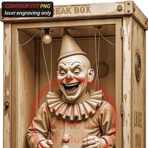 May include: A vintage-style Freak Box with a grinning clown puppet. The clown wears a ruffled collar, a pointed hat, and a tan suit with large buttons. The box has the text "Laugh with Gigglez" on a metal plate.