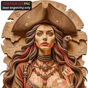 May include: Wooden pirate-themed artwork featuring a woman with long hair, a hat, and a parrot. She wears a corset and holds a crystal ball. The artwork is laser engraved with the text "CONTOUR CUT PNG laser engraving only".
