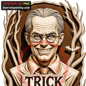 May include: A Halloween-themed illustration featuring a smiling man wearing glasses, a collared shirt, and a tie. A wooden sign reads "Trick or Treat" with carved pumpkins below. Bats and tree branches frame the image.