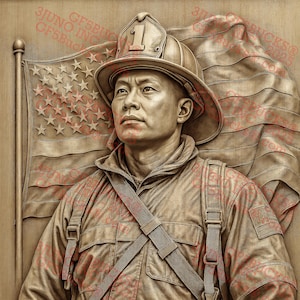 Homenaje a Bombero con Ilusión 3D PNG – Héroe Uniformado con Bandera – Diseño Grabado Láser – 9.3 x 14 pulgadas – GF5Bucks®