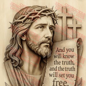 3D-illusie Jesus Freedom PNG – Johannes 8:32 Schrift scroll lasergravure ontwerp – 9,3 x 14 – GF5Bucks®