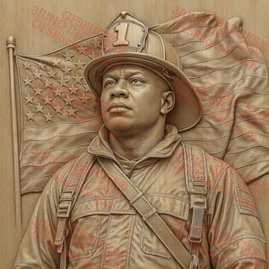 Homenaje a Bombero con Ilusión 3D IV PNG – Héroe Uniformado con Bandera – Diseño Grabado Láser – 9.3 x 14 pulgadas – GF5Bucks®