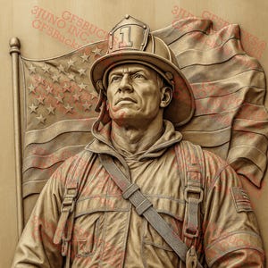 Homenaje a Bombero con Ilusión 3D III PNG – Héroe Uniformado con Bandera – Diseño Grabado Láser – 9.3 x 14 pulgadas – GF5Bucks®