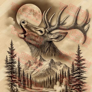 Illusion 3D Elk and Moon PNG - Scène de rivière et faune de montagne - Conception de gravure laser - 9,3 x 14 - GF5Bucks®