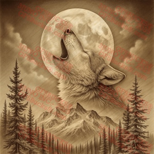 May include: Sepia-toned illustration of a wolf howling at a full moon. The artwork depicts a mountainous landscape with a river and evergreen trees. The wolf is the focal point, with detailed fur and open mouth.