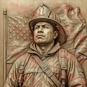 Homenaje a Bombero con Ilusión 3D II PNG – Héroe Uniformado con Bandera – Diseño Grabado Láser – 9.3 x 14 pulgadas – GF5Bucks®