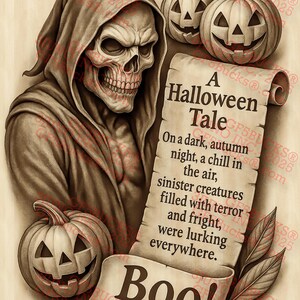 May include: A Halloween-themed illustration featuring a skeletal figure in a hooded robe, holding a jack-o'-lantern. The illustration is accompanied by a scroll with the text "A Halloween Tale" and a poem about sinister creatures lurking in the dark. The scroll is decorated with leaves and the word "Boo!" is written across the bottom.