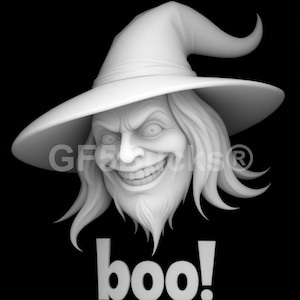 Peut inclure: Une tête de sorcière d'Halloween blanche, rendue en 3D, avec un large sourire édenté, de longs cheveux et un chapeau pointu. Le mot "boo!" est écrit en lettres blanches en dessous de la tête, sur fond noir.