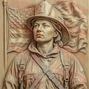 Homenaje a Bombero con Ilusión 3D PNG – Arte con Casco de Bombero de Heroína – Diseño Grabado Láser – 9.3 x 14 pulgadas – GF5Bucks®