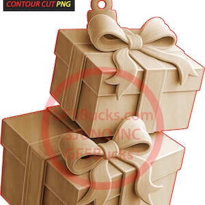 Op de afbeelding: Twee houten cadeau dozen met grote strikken, op elkaar gestapeld. De dozen zijn lichtbruin en gedetailleerd gesneden. De bovenste doos heeft een lus om op te hangen. De tekst "CONTOUR CUT PNG" staat linksboven.