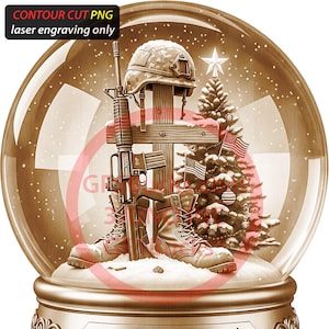 May include: A sepia-toned snow globe featuring a military memorial. Inside, a cross supports a helmet and rifle, with combat boots at the base. A Christmas tree with American flags and a star are also inside. The base reads "One Nation Under God, Gone, But Not Forgotten."