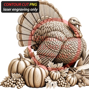 Puede incluir: Ilustración detallada de un pavo, calabazas, maíz y uvas. El pavo es el punto focal, con plumas detalladas y una carúncula roja. El texto "CONTOUR CUT PNG laser engraving only" está en la esquina superior izquierda. Ideal para Acción de Gracias.