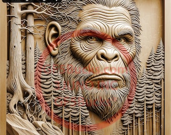 May include: Wooden laser engraving of a Bigfoot face with a forest scene. The artwork features detailed carving, with the text "FULL CUT PNG laser engraving only" in the upper left corner. The color palette is primarily natural wood tones with red accents.