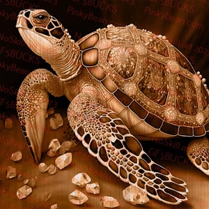 May include: A detailed wood carving of a sea turtle with a brown and tan shell. The turtle is surrounded by small, white, crystal-like objects.