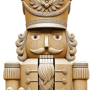 Può includere: Statuetta schiaccianoci in legno con un design dettagliato. La statuetta è marrone chiaro e presenta un cappello, baffi e un cofanetto regalo. Il testo "CONTOUR CUT PNG laser engraving only" si trova nell'angolo in alto a sinistra.