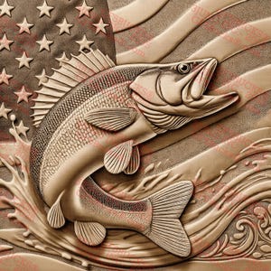 May include: A carved leather artwork depicting a largemouth bass leaping out of the water, with an American flag in the background.