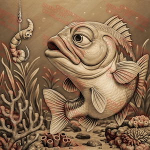 3D Illusion Funny Bass PNG – Cartoon Fish and Worm – Laser Engraving Project – 14x14 – GF5Bucks®