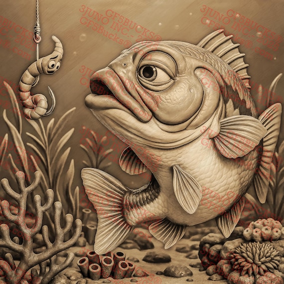 3D Illusion Funny Bass PNG – Cartoon Fish and Worm – Laser Engraving Project – 14x14 – GF5Bucks®