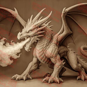 Drago sputafuoco con illusione 3D PNG, file di incisione laser da 14x9,33 pollici, bestia fantasy a figura intera con fiamme e ali / GF5Bucks®