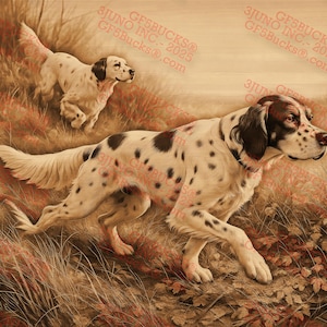 Puede incluir: Una pintura artística de dos perros setter ingleses en un campo. Los perros tienen pelaje blanco con manchas y marcas marrones. Los perros están en un campo de hierba y hojas marrones.