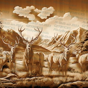 May include: A wood carving of a mountain landscape with five deer, including a buck with large antlers. The deer are brown and white and are standing in a grassy field. The background is a brown mountain range with a blue sky.