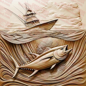 May include: A carved wooden sculpture of a tuna leaping out of the water, with a fishing boat in the background. The boat is also carved from wood and has the text "RESOLUTE V INC." on the side.