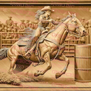 May include: A sepia-toned relief carving depicts a cowgirl on a horse in a barrel racing competition. The horse is mid-stride, approaching a wooden barrel. The background shows a crowd of spectators and the text "JONO INC 2024".