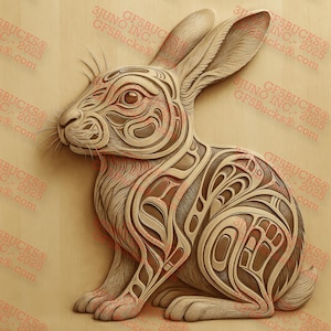 Lapin tribal illusion 3D PNG - Lapin assis avec des motifs complexes - Motif gravé au laser - 35 x 35 cm - GF5Bucks®