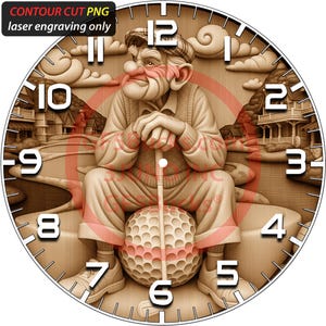 Könnte beinhalten: Ein hölzernes Zifferblatt mit einem geschnitzten Bild eines älteren Golfspielers, der auf einem Golfball sitzt und einen Golfschläger hält. Die Uhr hat weiße Ziffern und den Text "CONTOUR CUT PNG laser engraving only".
