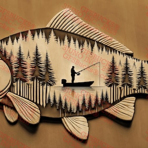 Karper 3D-illusie lasergravure PNG digitaal ontwerpbestand (14 x 8 in) – GF5Bucks® rustieke gegraveerde kunst