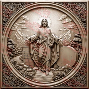Op de afbeelding: Een gedetailleerd reliëfsnijwerk dat een religieuze scène uitbeeldt. De centrale figuur, met uitgestrekte armen, is omgeven door een stralende halo. Het kunstwerk heeft een cirkelvormige lijst met ingewikkelde patronen, bergen, wolken en een graf.