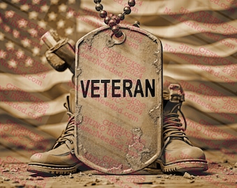 May include: A sepia-toned image featuring a military dog tag with the word "VETERAN" in bold letters. The tag is positioned between a pair of combat boots, with the American flag subtly visible in the background. The image evokes a sense of honor and service.