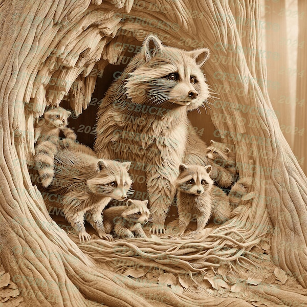 3D Illusion | Laser PNG Digital File | For Engraving | Laser Ready | Instant Download | Racoon Family