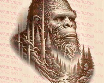 May include: A black and white illustration of a Bigfoot, or Sasquatch, with a forest scene behind it. The Bigfoot is looking to the right, with a serious expression. The forest scene includes trees, a stream, and rocks. The image is surrounded by a watermark that says "GF5BUCKS" and "JUNO INC. - 2024".