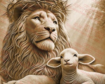 ライオンと子羊の3Dイリュージョンアート - 平和な宗教シーン