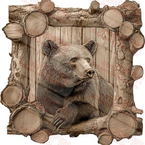 May include: A brown bear's head and shoulders are carved into a wooden frame made of logs. The bear is looking to the right and has a thoughtful expression.
