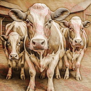 Peut inclure: Illustration numérique de trois vaches aux marques marron et blanches, se tenant près les unes des autres. Les vaches regardent le spectateur, avec des traits de visage détaillés. Le fond suggère une étable avec des structures en bois.