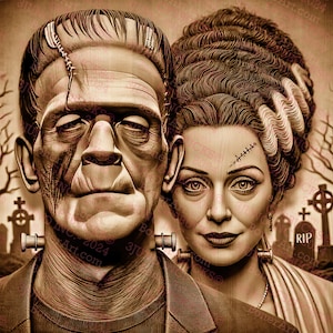 Monster and Monster's Bride, Halloween, Spooky | Laser Burn PNG | 3D Illusion | Engrave | Laser Ready | Digital Design File | 14x14