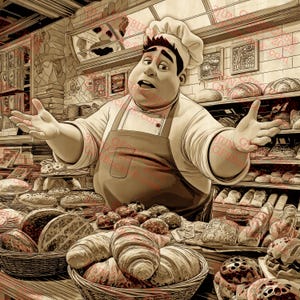 3D Illusion Baker, PNG – Geanimeerde chef-kok met brood en gebak voor lasergravure – Grillige bakkerijscène – 14 x 14 inch – GF5Bucks®