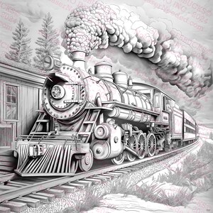 May include: Detailed black and white illustration of a vintage steam train. The train is depicted on tracks, with a large plume of smoke billowing from its smokestack. The image includes a building and trees.