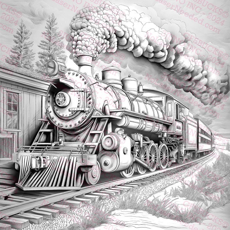 May include: Detailed black and white illustration of a vintage steam train. The train is depicted on tracks, with a large plume of smoke billowing from its smokestack. The image includes a building and trees.
