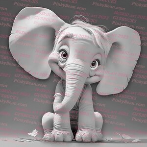 Puede incluir: Ilustraci&oacute;n en escala de grises de un elefante de dibujos animados con ojos grandes y una trompa. El elefante est&aacute; sentado, vistiendo una camisa de manga corta. La imagen tiene una est&eacute;tica suave, con mariposas en primer plano.