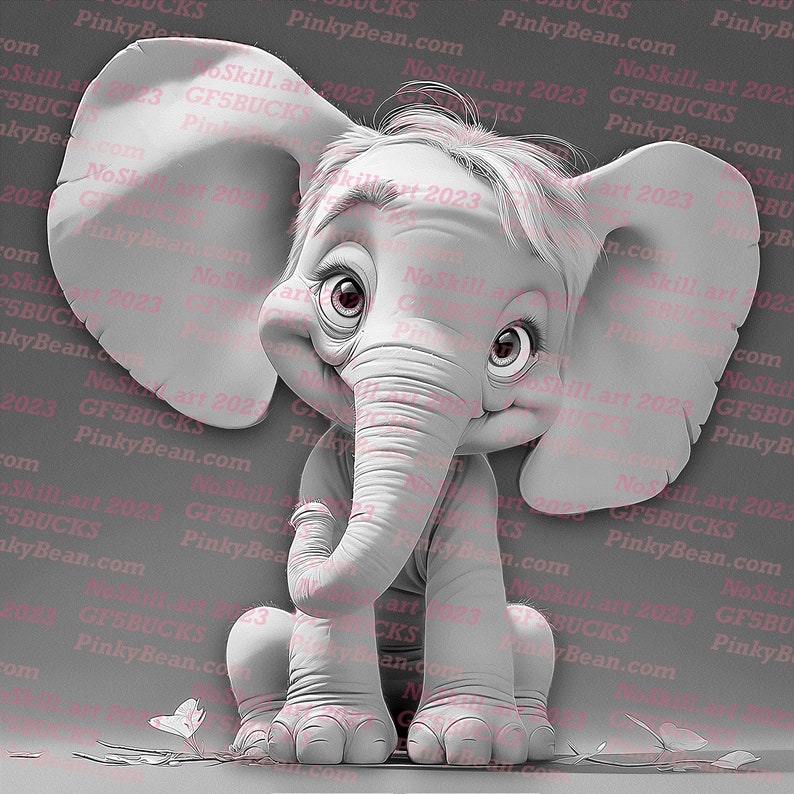 Puede incluir: Ilustraci&oacute;n en escala de grises de un elefante de dibujos animados con ojos grandes y una trompa. El elefante est&aacute; sentado, vistiendo una camisa de manga corta. La imagen tiene una est&eacute;tica suave, con mariposas en primer plano.