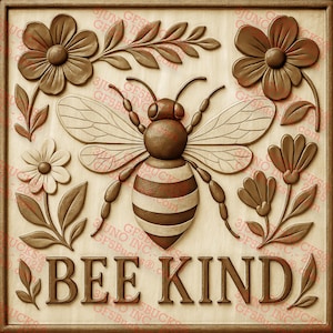 3D Illusion Bee Kind PNG - Florale Biene Plakette für die Lasergravur - Positives Botschaft Design - 14 x 14 Zoll - GF5Bucks®